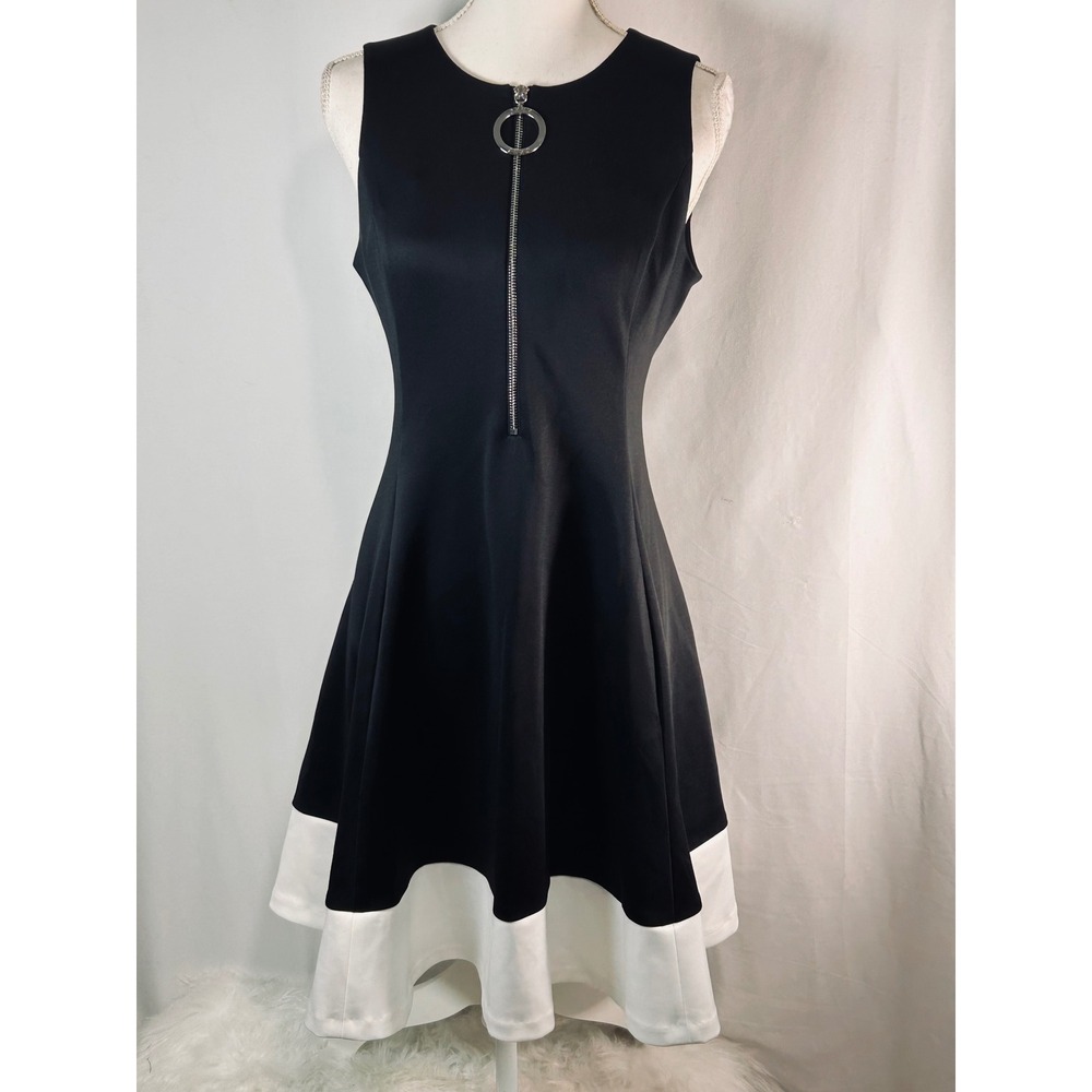 DKNY‎ Womens Black White Colorblock O-Ring Zip Front Fit & Flare Scuba Dress 6